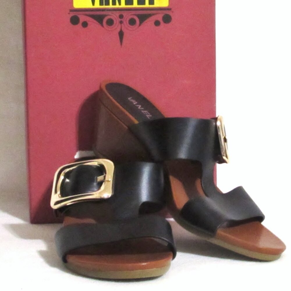 NEW Ladies VANELI Black Leather Sandals Slides Heels Shoes 9 N 9 N Orig $195